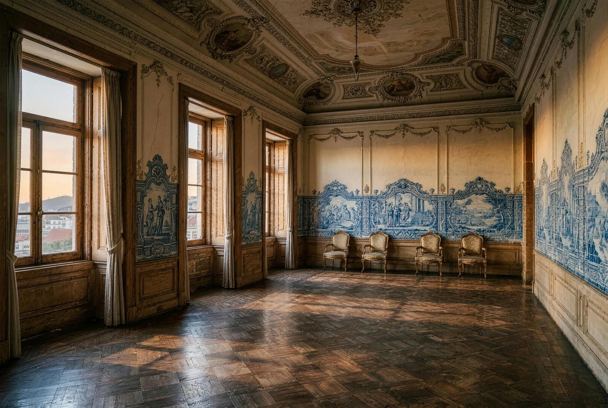 Salão de palácio em Lisboa com painéis de azulejo e tecto em estuque.